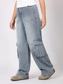 SUMWON Youth Cargo Denim Pants Loose Baggy Y2K Streetwear Festival Wide Leg Utility Jeans Fall Winter Casual Everyday Pant