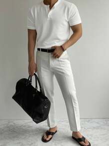 DAZY Camiseta de verano para hombres con cuello de botones y manga corta informal con unicolor