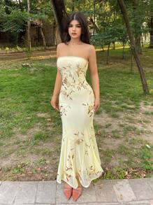 SHEIN ICON 女士亮片花卉图案紧身亮片装饰抹胸连衣裙 7 月 4 日女士服装 - 黃色 - 查看 5