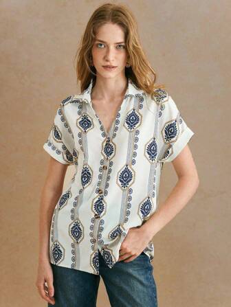 Écloséra Retro Casual All-Match Blue Apricot Holiday Style Personalized Retro Print Bat Pleated Y-Neck Short-Sleeved Loose Women's Shirt