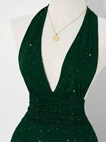 SHEIN Clasi 适合派对和节日的优雅女士闪亮露背连衣裙 - 墨綠色 - 查看 3