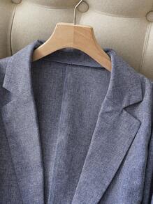 Franclia 时尚百搭 V 领条纹单扣修身夹克，休闲办公/通勤装，新款春秋海军蓝 3/4 袖女士西装外套 - 藍色 - 查看 3