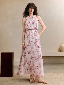 GENKIRA Vestido maxi ajustado con panel de encaje hueco, estampado floral romántico, elegante y apropiado para usar en la ciudad, de estilo vacacional, para primavera/verano/otoño - Púrpura malva - Ver 6