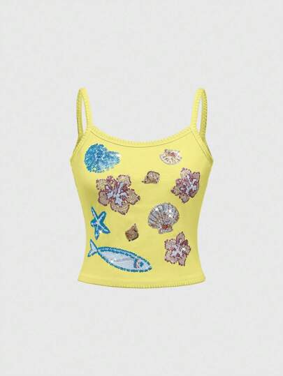 ROMWE Avant Women's Summer Beach Vacation Handmade Hibiscus & Ocean Creatures Beaded Camisole