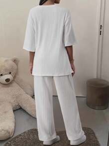 INAWLY 夏季實心肩T恤和褲子套裝 - 白色 - 查看 2