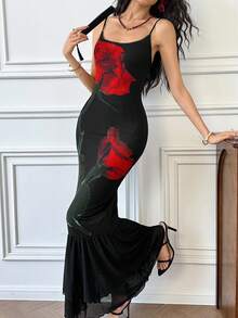 EastFlair 花卉印花修身优雅女士细肩带连衣裙 - 黑色 - 查看 5