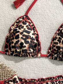 Soleia Women's Vintage Colorful Leopard Print Frill Tie Neck Tassel Decorated Bikini Set Set, Ideal For Summer Beach Leopard Print Bikini Leopard Bikini Set Tie Side Bikini Off The Shoulder Christmas Tops For School Back To School Outfits Women Back To School Women's Fall Clothes Goth Women Clothing Club Outfits Women Sexy Halloween Costumes Going Out Outfits Concert Outfits Country Concert Outfit