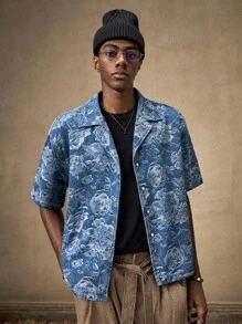 AKNOTIC Business Casual 年轻男士休闲宽松短袖开襟衬衫男士花衬衫男士夏季衬衫男士纽扣衬衫男士夏威夷衬衫男士热带衬衫 - 深色水洗藍 - 查看 5