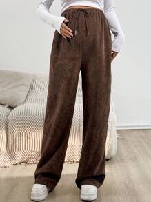 SHEIN Autumn And Winter Casual Maternity  Pants Pregnant Women Solid Color Drawstring Waist Pockets Wide Leg Pants - Brown - View 5