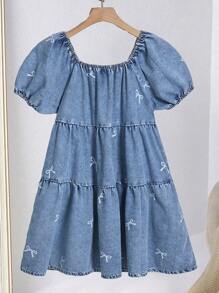 Teen Girls' Denim Dress, Puff Sleeve Bowknot All-Over Print Denim Blue Dress, Youthful Vibe And Design - Medium Wash - View 3