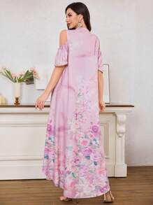 Al Najma Vestido holgado de estilo árabe con estampado floral, manga corta y hombros descubiertos