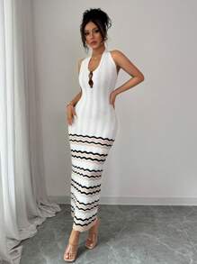 Elenzga Women's Elegant Vacation Contrast Color Long Figure-Hugging Pearl Decorated Knit Dress - White - View 4