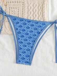 Swim Mod 女式新款性感吊带前裤侧系带低腰三角比基尼套装，全身印花，夏季 - 藍色 - 查看 4