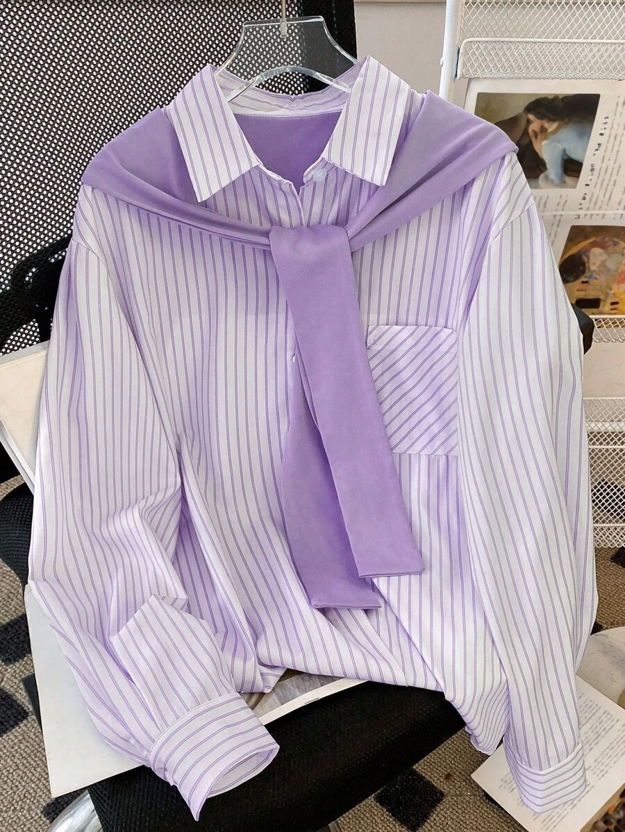 SHEIN 女式长袖条纹单排扣口袋休闲衬衫,秋季 - 淡紫色 - 查看 1