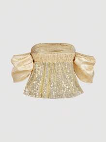 SHEIN MOD Vintage Court 3D 花卉亮片娃娃上衣，闪亮露肩女式上衣，非常适合约会、节日、度假、波西米亚风格、生日、节日穿着和派对 - 卡其色 - 查看 2
