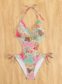 Swim Vcay 女士波西米亚印花露背镂空连体泳衣，性感绷带沙滩度假泳衣，夏季 - 彩色 - 查看 6