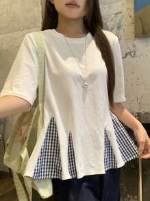 DAZY 女士格子拼布圆领韩版短袖T恤 - 白色 - 查看 1