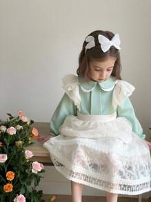 Young Girl Colorblock Floral Collar Ruffle Sleeve Blouse, Suitable For Daily Wear And Friendly Gatherings/Parties, Autumn/Spring