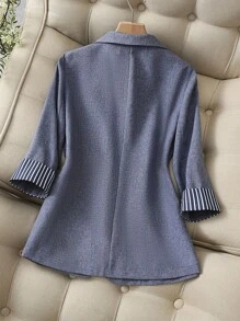 Franclia 时尚百搭 V 领条纹单扣修身夹克，休闲办公/通勤装，新款春秋海军蓝 3/4 袖女士西装外套 - 藍色 - 查看 2