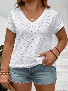 SHEIN VCAY 大码女式休闲V领提花纹理宽松短袖T恤 - 白色 - 查看 6