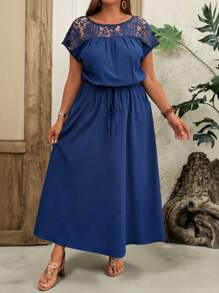 EMERY ROSE Damen Maxikleid mit rundem Ausschnitt, Taille mit Kontrast-Spitze, lässiger Vintage-Stil, für den Outdoor-Bereich