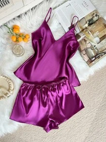 SHEIN 2 件女士性感深 V 吊带背心和短裤睡衣套装，优雅缎面，适合所有季节 - 紫色 - 查看 3