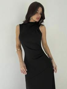 Firerie 女士优雅度假海滩派对连衣裙，不对称肩部，收腰 A 字廓形，无袖，长款，紫红色针织 - 黑色 - 查看 3