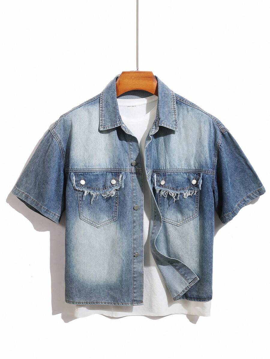 Manfinity Homme Men's Casual Washed Frayed Edge Button Front Short Sleeve Denim Shirt, Summer - Light Wash - View 1
