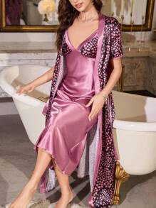 SHEIN 2pcs Heart Pattern Faux Silk Cami Sleepwear Dress And Belted Robe Set - Multicolor - View 1