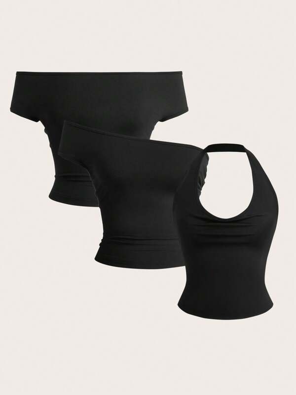 SHEIN EZwear 1 pieza Crop top negro ajustado para mujer, 3 formas de usar