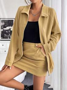 Chiquease 2 件装女式纯色前拉链上衣和裙子休闲装 - 卡其色 - 查看 3