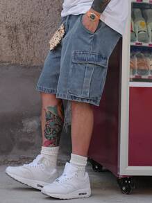 DAZY 夏季水洗白蓝男式牛仔工装短裤 - 藍色 - 查看 6