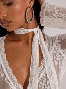 Opulessa Women's Floral Lace Long Sleeve Cropped Sexy Fitted Blouse Holiday Outfits Summer Outfits Vacation White Lace Top Lace Long Sleeve Top White Sheer Top Lace Wrap Top White Lace Crop Top