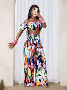 BamGleam Set 2 bucăți/set pentru femei, vară, casual, vacanță, culori contrastante, imprimeu botanic, mâneci bufante, camisol cu umăr gol și pantaloni largi, îmbrăcăminte de vară pentru femei, ținută de vacanță relaxată