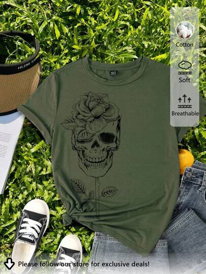 Tseoso Casual Skull & Floral Pattern Round Neck Short Sleeve Loose Fit Women's T-Shirt, Cotton Blend, Summer Pullover Suitable For Going Out Halloween
