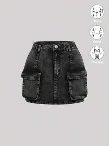 SHEIN Girlism Teen Girl Flap Pocket Denim Skirt