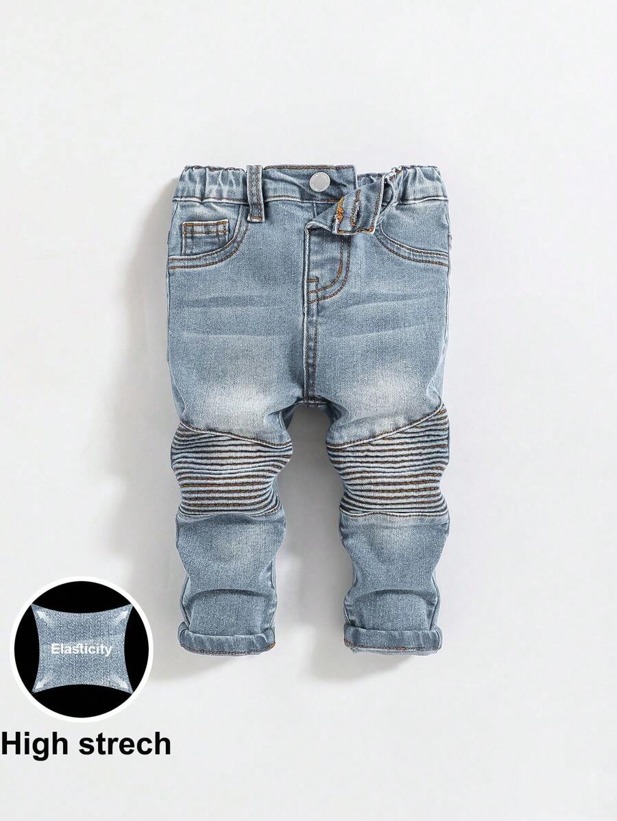 SHEIN Baby Boys' Cute Distressed Toothpick Pleated Design High Stretch Skinny Blue Jeans,For Baby Boys Fall Clothes