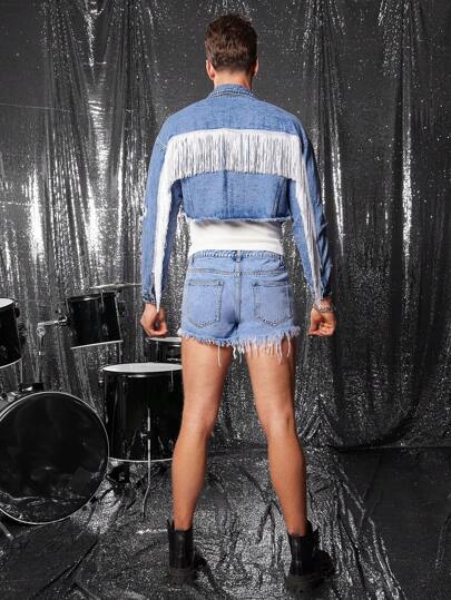 FeverCity Chaqueta vaquera informal de manga larga con dobladillo deshilachado y botonadura sencilla para hombre