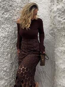 Jeta Ari 性感修身高腰斜肩长袖垂坠镂空流苏迷你连衣裙，欧美风 - 巧克力棕 - 查看 5