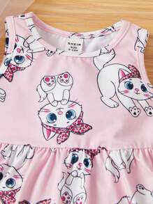 Baby Girls' Casual Knitted Sleeveless Cat Print Empire Waist Dress - Pink - View 7