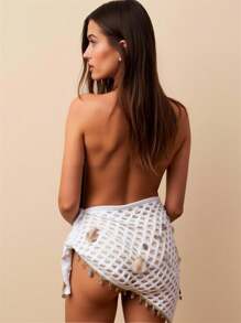 Swim Vcay 女士夏季假日海滩白色编织渔网镂空贝壳串珠装饰系带罩衫裙