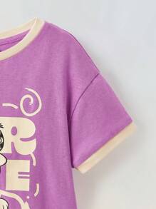 Maija Kids GARFIELD | SHEIN Maija Kids Bộ 2 áo thun tay ngắn cổ tròn in hình mèo cho bé gái và quần short - Màu tím - Xem 6