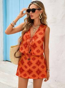 Vivid Eden Women's Vacation Boho Geometric Print Tie Front Vest & A-Line Skirt Casual 2pcs Set, Vacation Outfits,Vacation Outfits ,Beach Vacation Outfits,Tropical Vacation Woman Clothes,Rave Outfits Festival,Women Summer Clothes,Festival Outfits For Women,Fall Women Clothes, Orange Summer Outfits - Multicolor - View 1