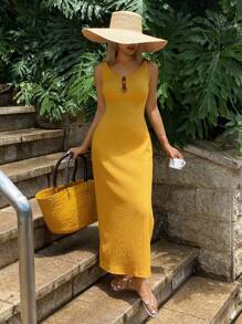 DAZY Women's Sweet Backless Spaghetti Strap Vacation Dress Women Sweater Dresses - Yellow - View 5