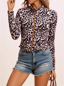Teen Girl Leopard Print Zipper Front Short Jacket - Multicolor - View 4