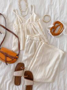 Tween Girls' Casual Basic Vacation Outfit, White Tank Top With Loose Lace Trim And Wide Leg White Pants Linen Two Pieces Set Summer Clothes Set White Summer Outfits Casual Two Pieces Set Cute Summer Outfits Casual Two Pieces Outfits - White - View 2