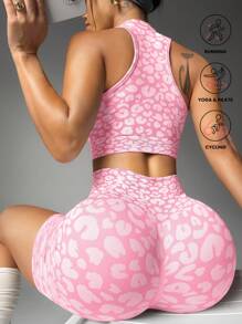 Easithlete Women's Leopard Print Seamless Zipper Sports Bra And Cycling Shorts Set For Summer Workout Women Sets - Pink - View 3