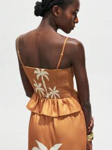 Maija Top de vacaciones con tirantes sin mangas con estampado de plantas naranja de verano para mujer, estilo hawaiano de hombros abiertos - Marrón - Ver 2