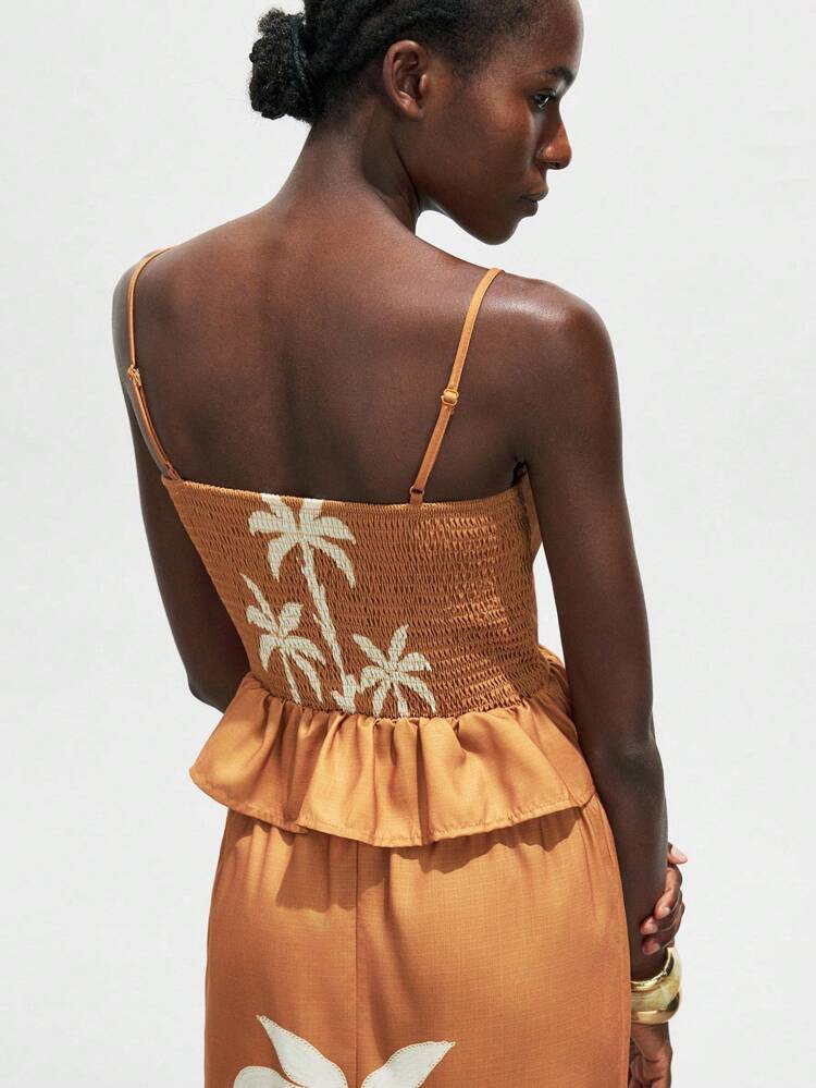 SHEIN Maija Top d'été pour femmes avec imprimé de plantes orange, volants à l'ourlet, bretelles fines, épaules dégagées, style hawaïen