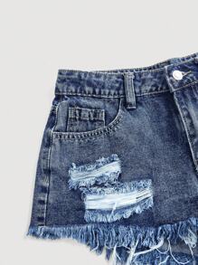 SHEIN PETITE Einfarbige Denim Shorts mit ausgefranstem Saum, Taschen und Rissen, lässiger Sommerstil